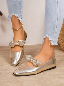 Women's Large Size Fashion Single Shoe, Pure Color Bow Mary Jane Shoes, Slip-On Flat Leather Shoes, Elegant and Comfortable