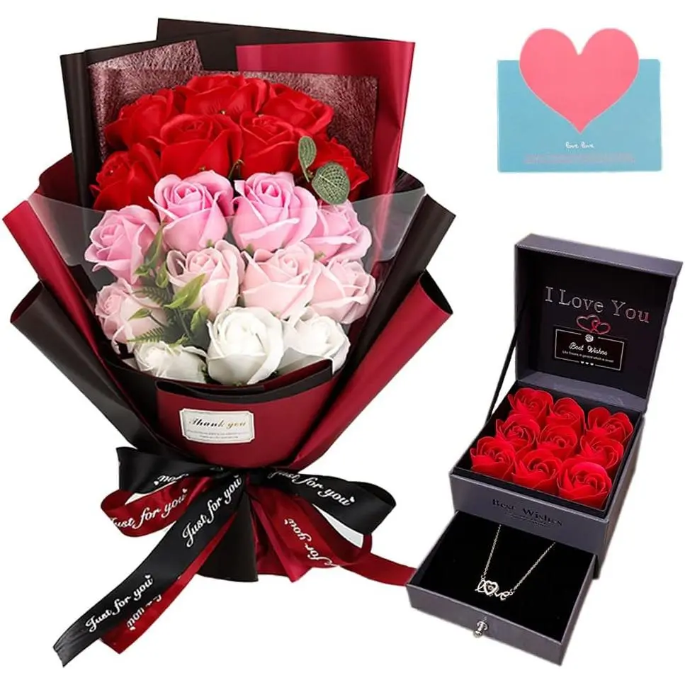 Artificial Roses Bouquet with Preserved Red Rose & Love Necklace Gift Box - Wedding Decor, Valentine's Day Gift for Her