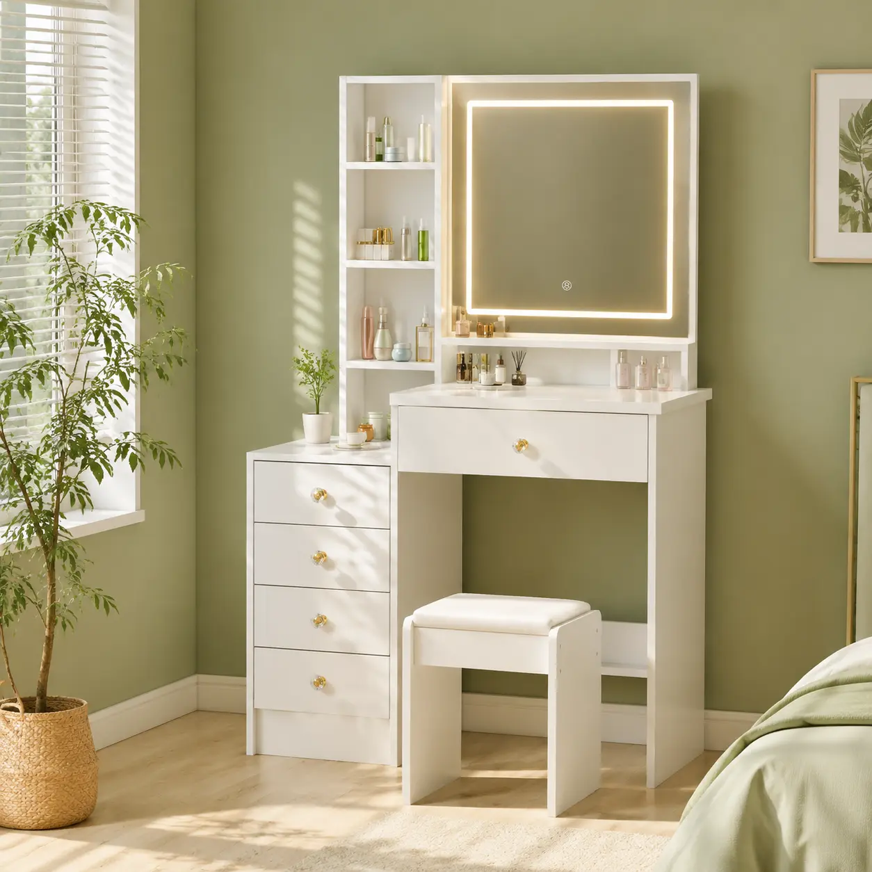 Makeup Vanity Set with Mirror & Light 3-Color Touch Mirror, Multi Drawer Storage, Silent Rails, Waterproof Matte Surface, Rounded Safe Corners for Small Bedrooms  (White with Stool) large