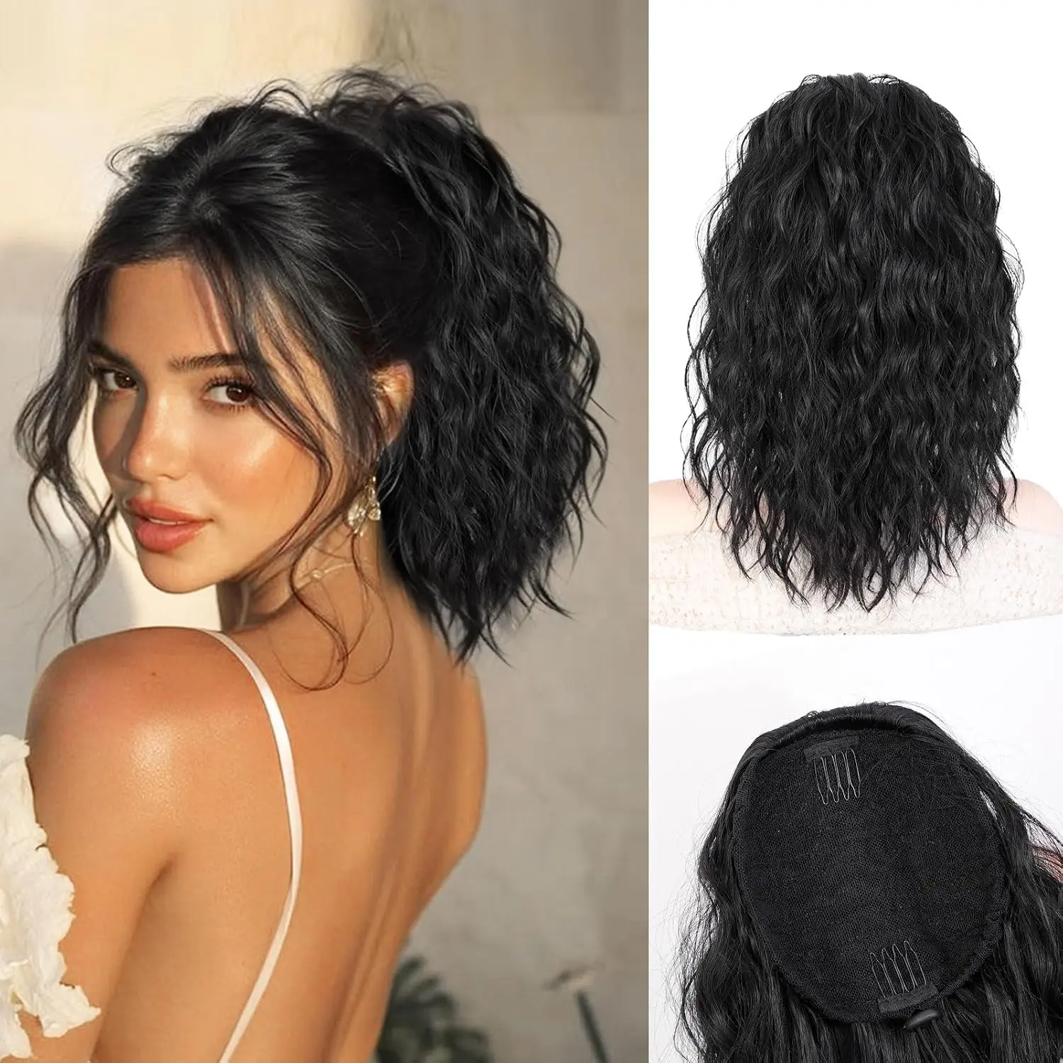 VOSILK Ponytail Extension 12 Inch Curly Drawstring Ponytail for Black Women Wavy Synthetic Hairpiece Adjustable Drawstring Natural Fluffy Ponytail