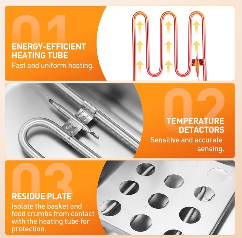 10QT Capacity Electric Deep Fryer with Baskets & Lids 10L Countertop Stainless Steel Temperature Control Frying Machine for Home Commercial 2500W 60Hz 110V Adjustable 140F-392F Easy to Clean