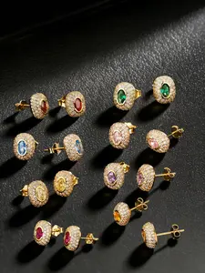 Iced Chics 8 Pairs Full Zircon Colorful Stud Earrings Set, High Quality Earrings, Oval Hip Hop Earrings, Unisex Fashion Jewelry Accessories