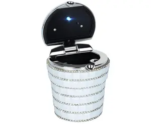 Ashtray with Bling Bling Diamond Auto Cigarette Odor Smoke Remover Cylinder Cup Holder With LED Lamp,White