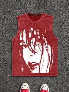 Men's Cotton Sleeveless Graphic Tee, Street Art Design Print, Washed Vintage Craft, Breathable Cut, Summer Street Trendy, Streetwear, Loose-Fit Knitted Fabric