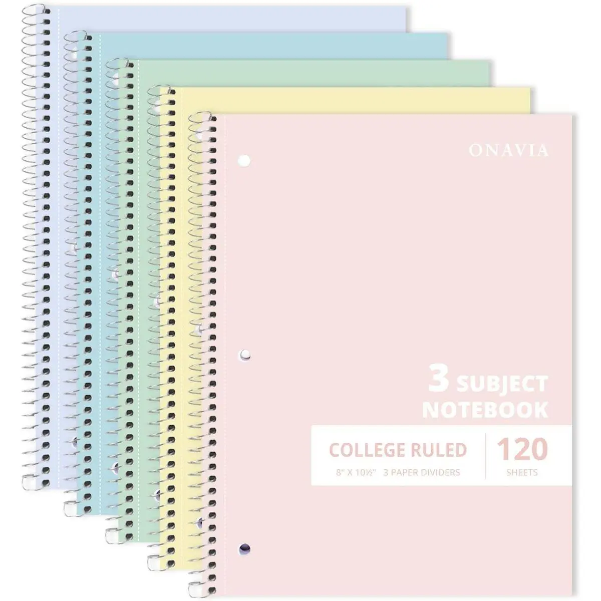 3 Subject Spiral Notebook College Ruled 5 Pack, 240 Pages, Assorted | 120 Sheets, 8 x 10.5 in, 3 Dividers, Double-Sided Pockets, School Notebook, Study, Homework, Students