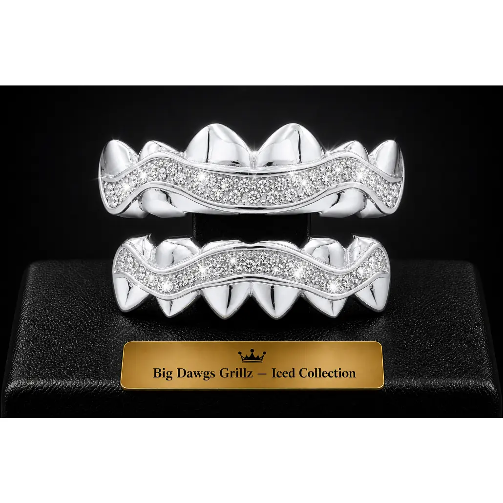 14K White Gold Plated Iced CZ Upper & Lower Grillz Deluxe Set