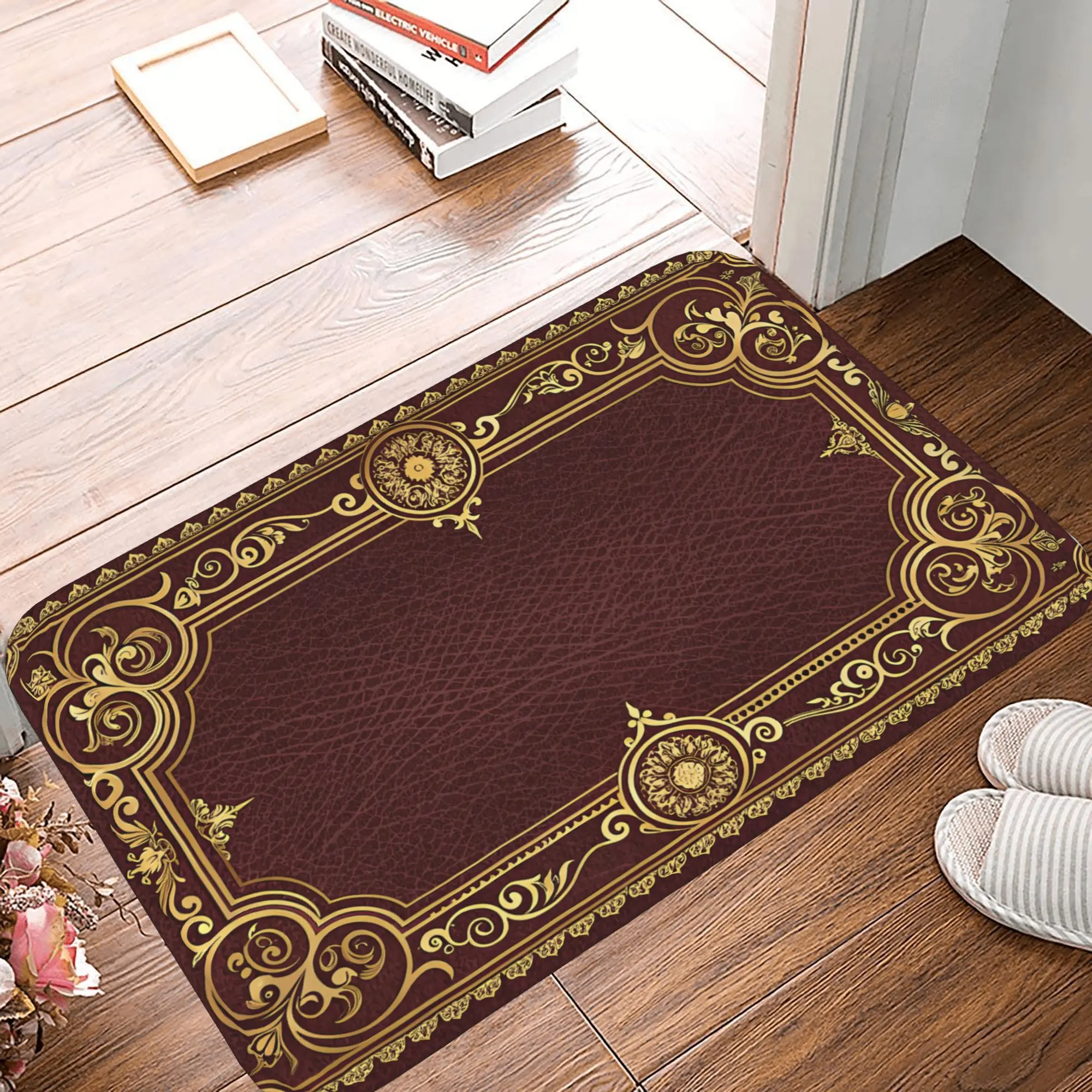 Luxury Gold Scroll Doormat   Elegant Entryway Welcome Mat, Anti Slip, Durable & Decorative, Rich Reddish Brown