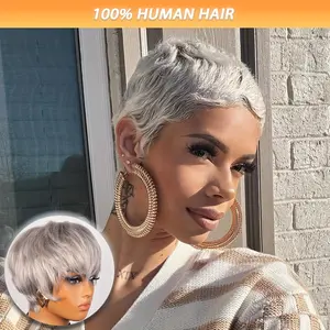 2025 NEW Wholesale Short Gray Human Hair Wig for Women - Stylish Pixie Cut with Bangs, Layered Straight Remy Peruvian Hair, Rose Net Cap, 150% Density, Perfect for Parties, Holidays & Casual Attire, Short Hair Wig