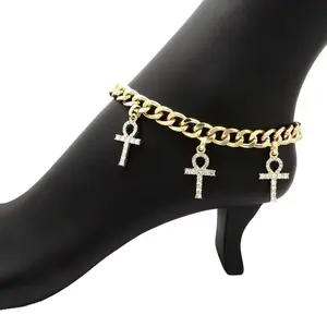 MaxBling81 Women's 3-Piece Iced Gold Metal Coating Anklets - 9mm 10" Cuban Chain, Ankh Cross Charm, Daily Fashion Bling Female Ankle Bracelet Accessory