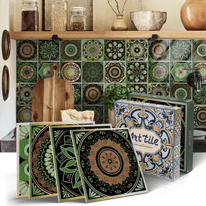 12/24PCS/Box ART PE Crystal Tile Stickers, Vintage Green & Brown Mandala Art Tile, Waterproof Oil-Proof