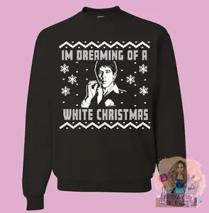 Scarface White Christmas Black or Red Sweatshirt Crew Neck - Lightweight Holiday Sweater with Classic Crew Neck Design for Men Long Sleeve Casual
