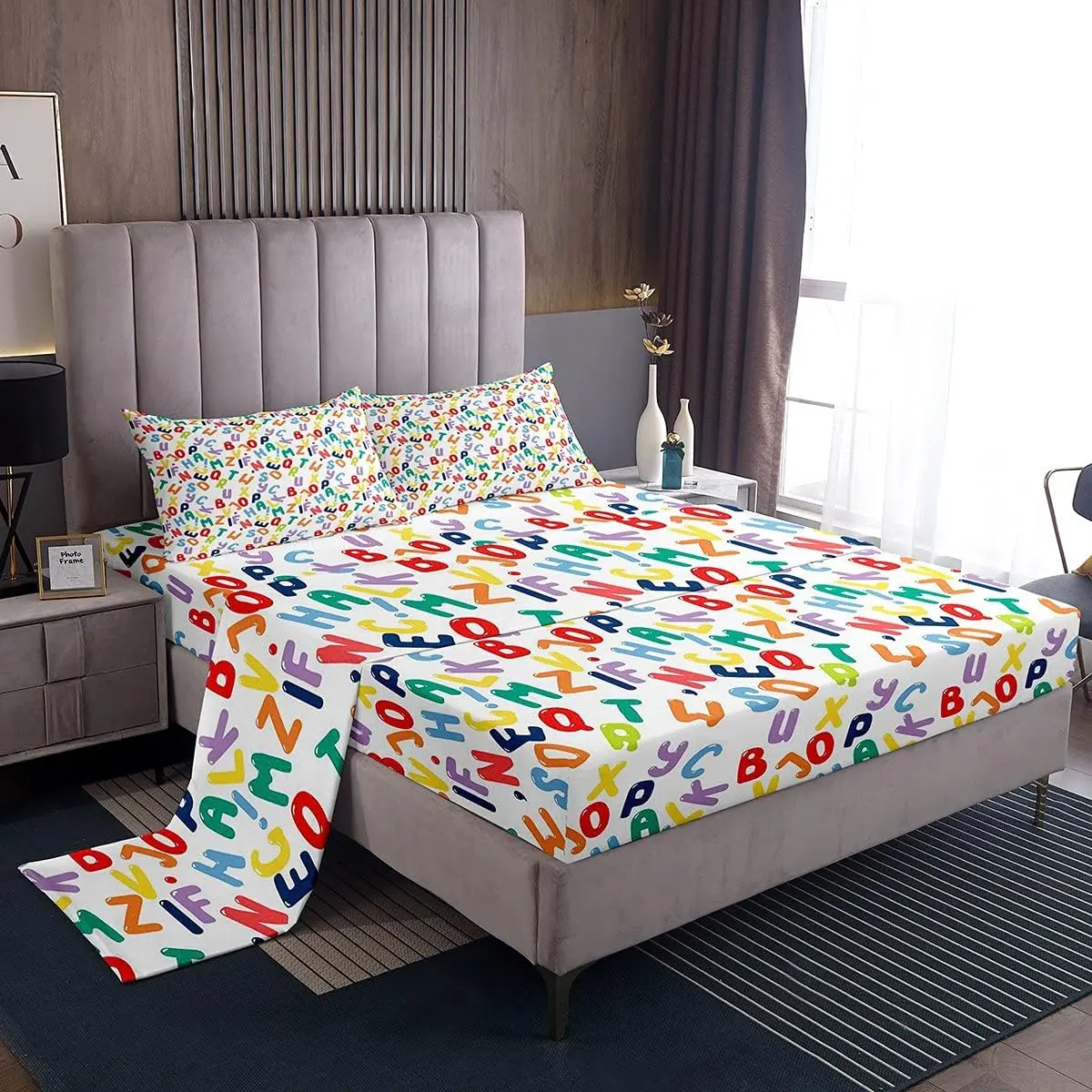 Feelyou 3D Alphabet Letters Bedding Set - Cartoon Theme, Deep Pockets Fitted Sheet, Breathable Fabric, 26-Letter Learning Decor, Multiple Sizes, Kids’ Rooms Bed Sheets Set, Alphabet Bedding Collections, Multi-Size