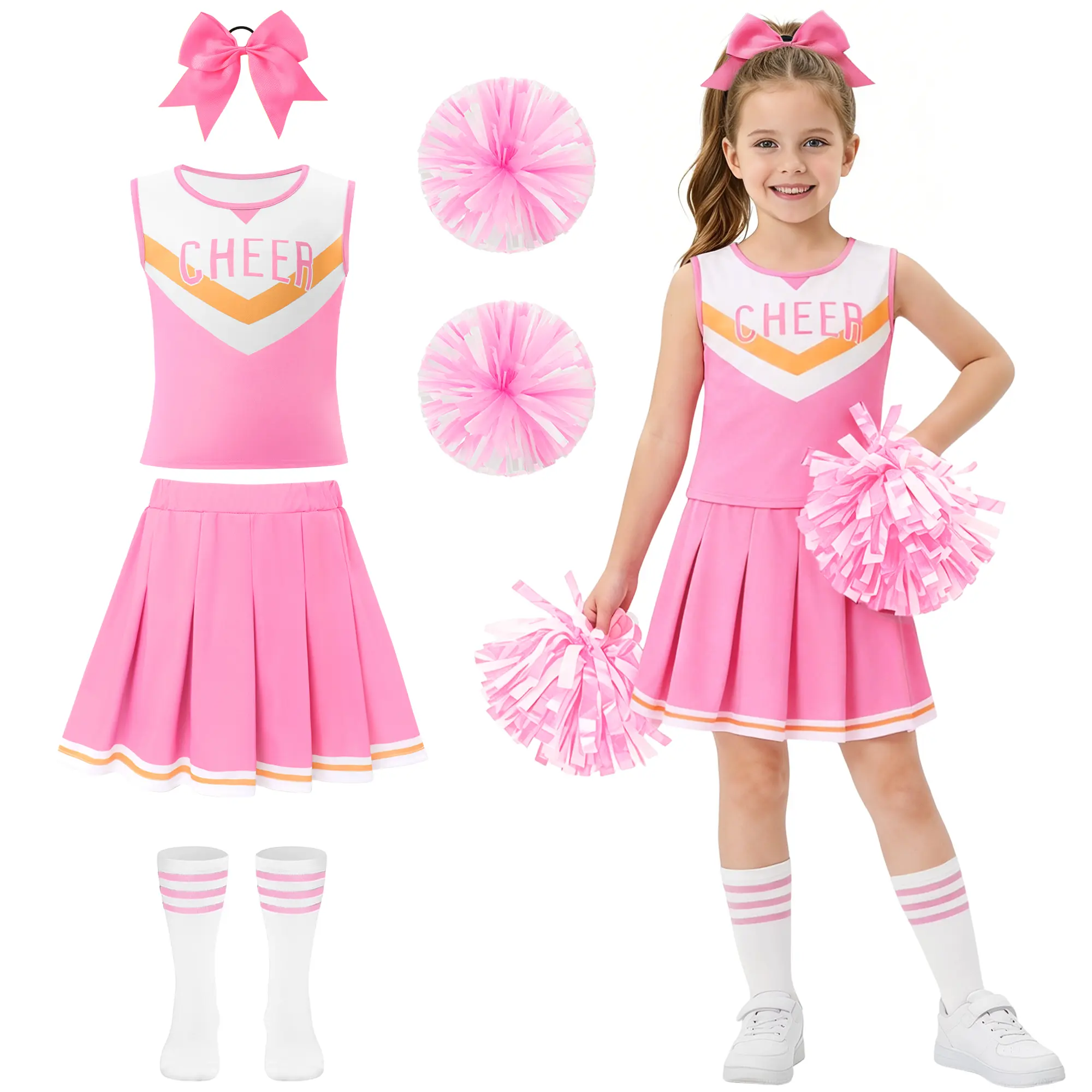 5Pcs Girls Cheerleading Uniform Complete Set, Sleeveless CHEER Print Top Pleated Skirt Hair Bow Pom Poms Striped Socks Kids Cheerleader Costume for Halloween School Sports Game Dress Up