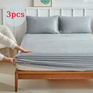 Bed Sheet Set Three-Piece, Rabbit Fur Plush Bed Sheets Simple Solid Color Warm Fleece, Mattress Protector Cover, Detachable Washable, Soft Bedding Sheet