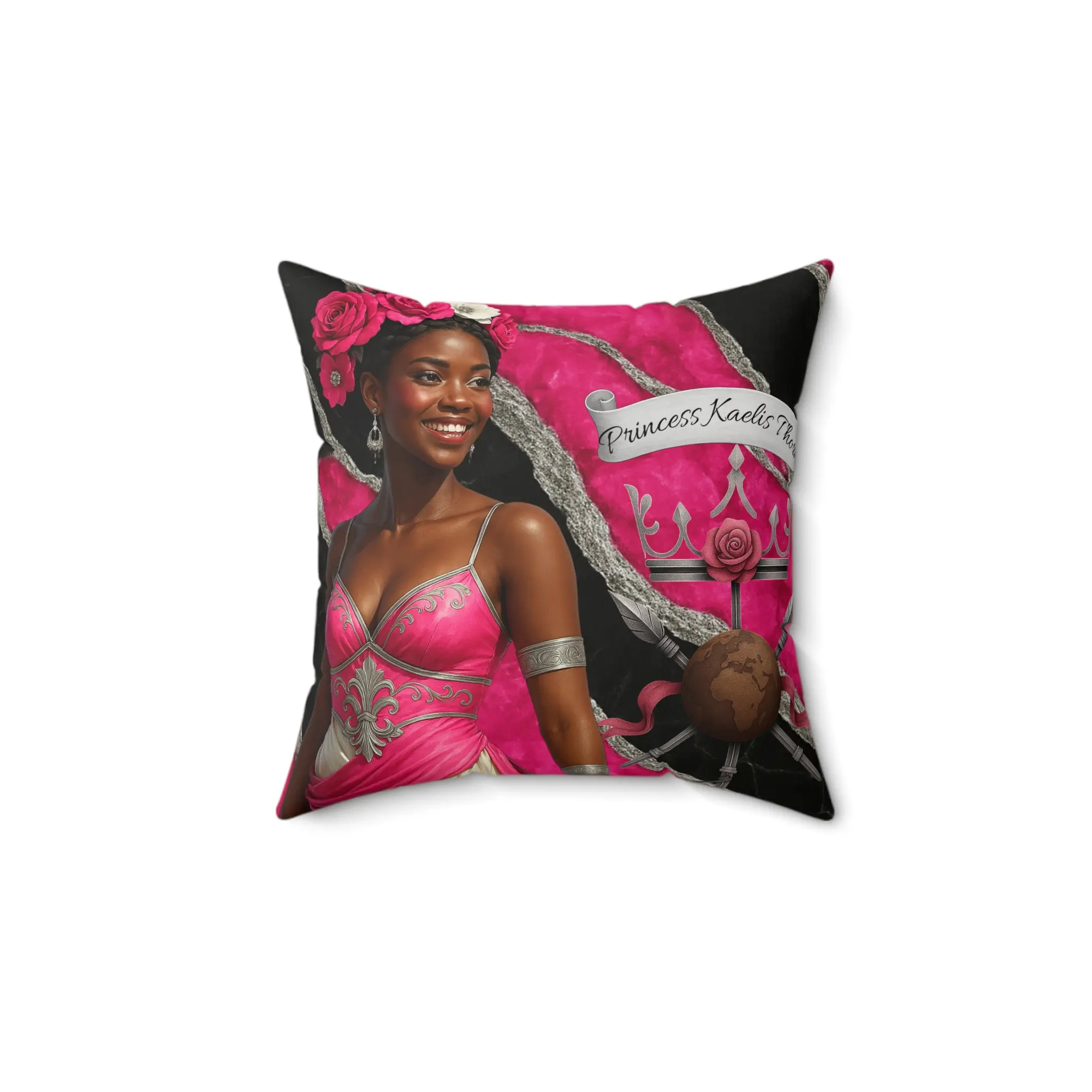 Princess Kaelis Thorn Square Pillow, Blossoming Guard Fantasy Cushion, Pink Silver & Black Marble Luxury Home Décor Accent