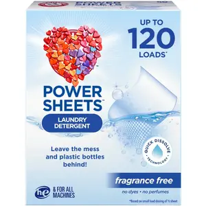 Power Sheets Laundry Detergent, Fragrance Free, 60 Count, Up to 120 Small Loads