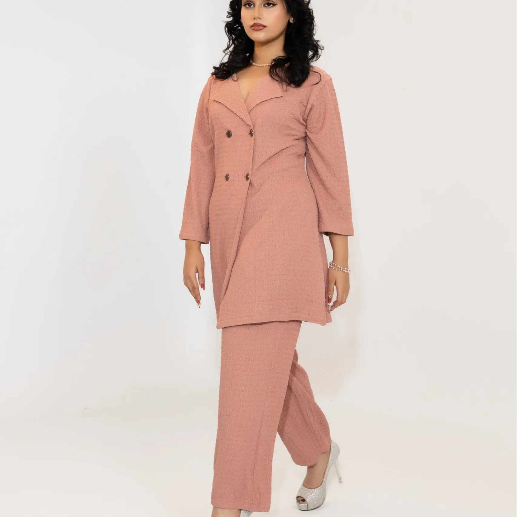 Blush Pink Two Piece Set Cozy & Cute Co-ord for Fall Vibes Elegant Double-Breasted Top with Matching Straight-Leg Pants Comfortable Fit Women's Suits Long Sleeves Basic Chic Style