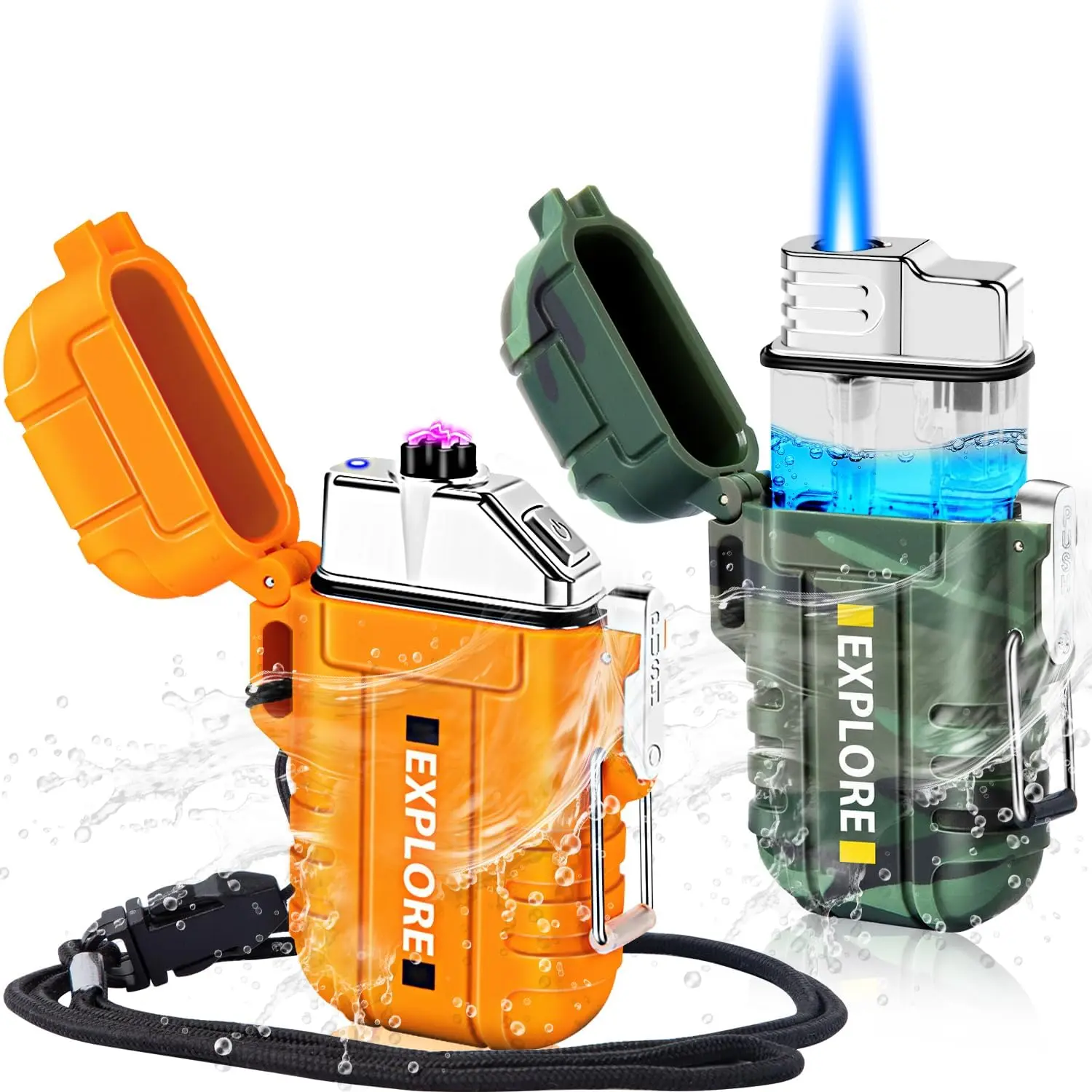 Electric Plasma Lighter, Lighter, 2 Pack Waterproof Matches| A Dual Arc lighter + A Refillable Butane Lighter, Camping Hiking Hunting Gadgets,Gear Gifts for Men