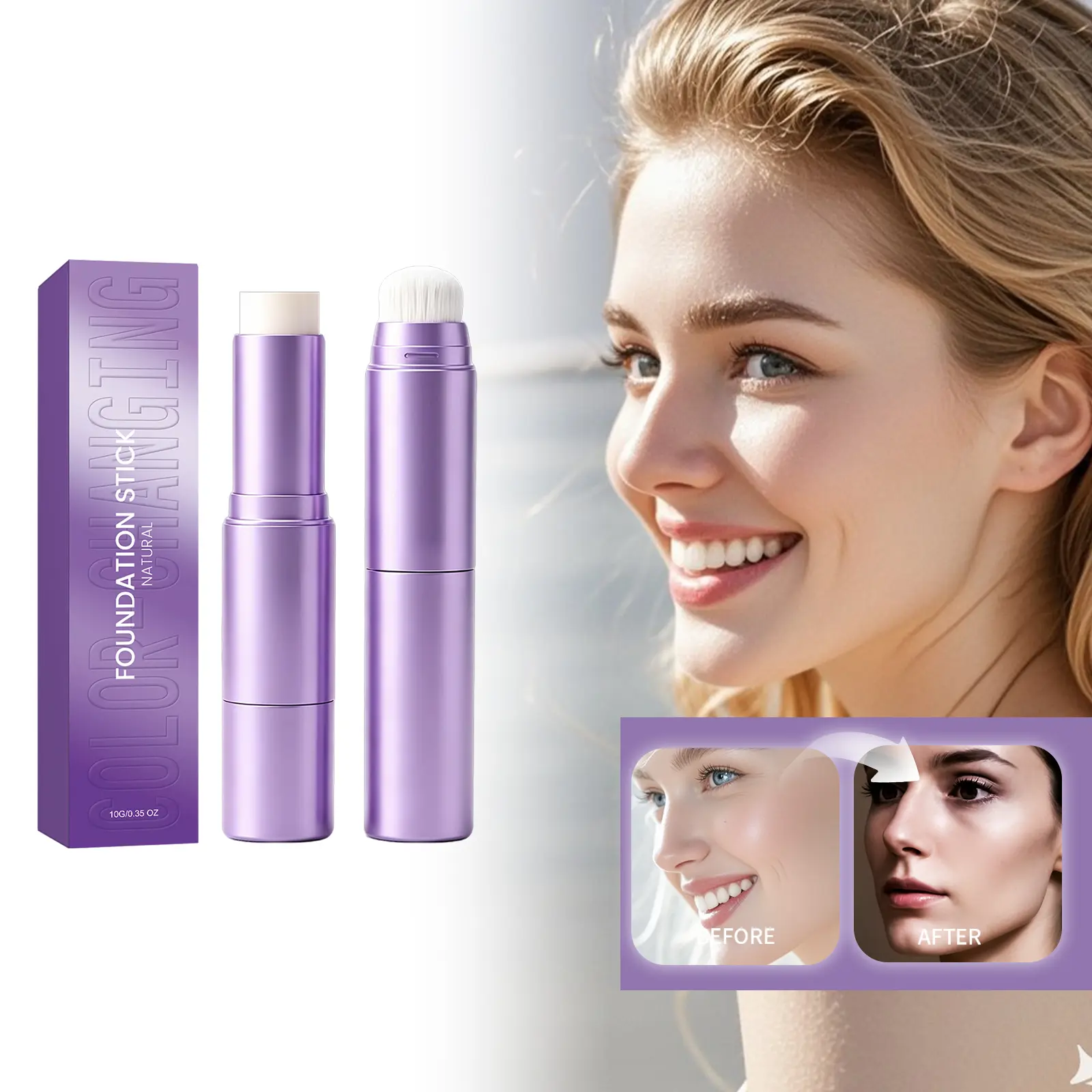 2-in-1 Color Changing Foundation Stick Cosmetic with Built-in Brush, Long-Lasting Hydrating Face Makeup for Flawless Coverage, Suitable for All Skin Types - Deep Skin Tone