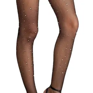 deladola Rhinestone Fishnet Stocking High Waist Tight Black Sparkle Mesh Stockings One-piece Pantyhose Club Sleep Wear