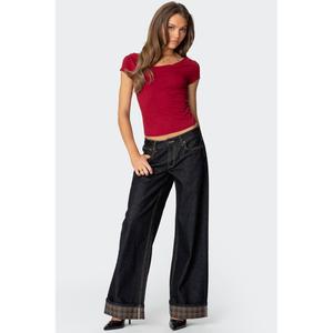 Plaid Cuffed Low Rise Baggy Jeans