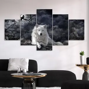 Mysterious White Wolf in the Dark Night Pattern Artistic Canvas Unframed Painting, 5 Counts/set Wall Art Poster, Wall Art Decor for Home Living Room Bedroom Office, Ornaments