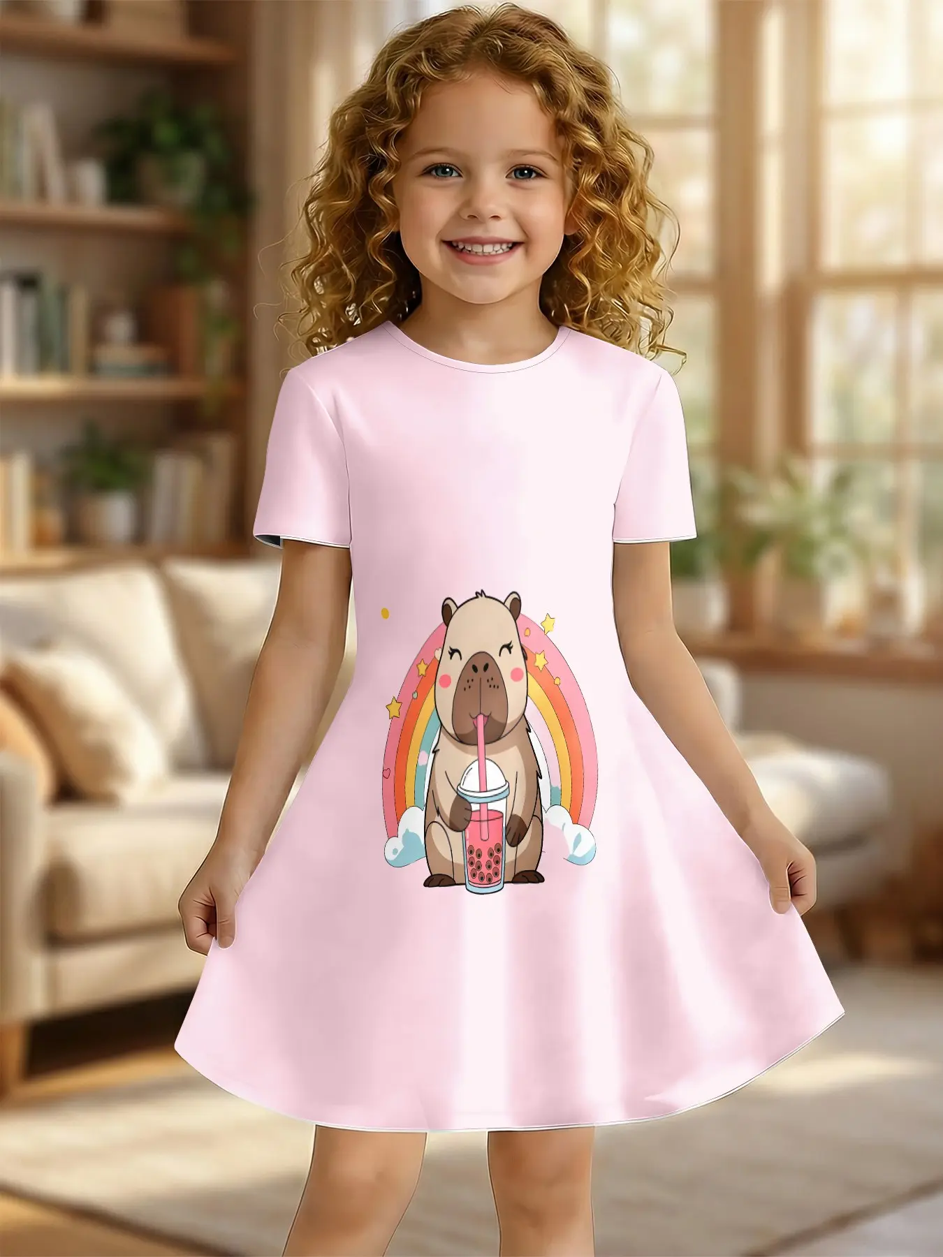 Princess Dolphin Milk Tea Rainbow Print Girls' Short Sleeve Dress, Knee  Length, Asymmetrical Design, Casual Fitted Style - TikTok Shop