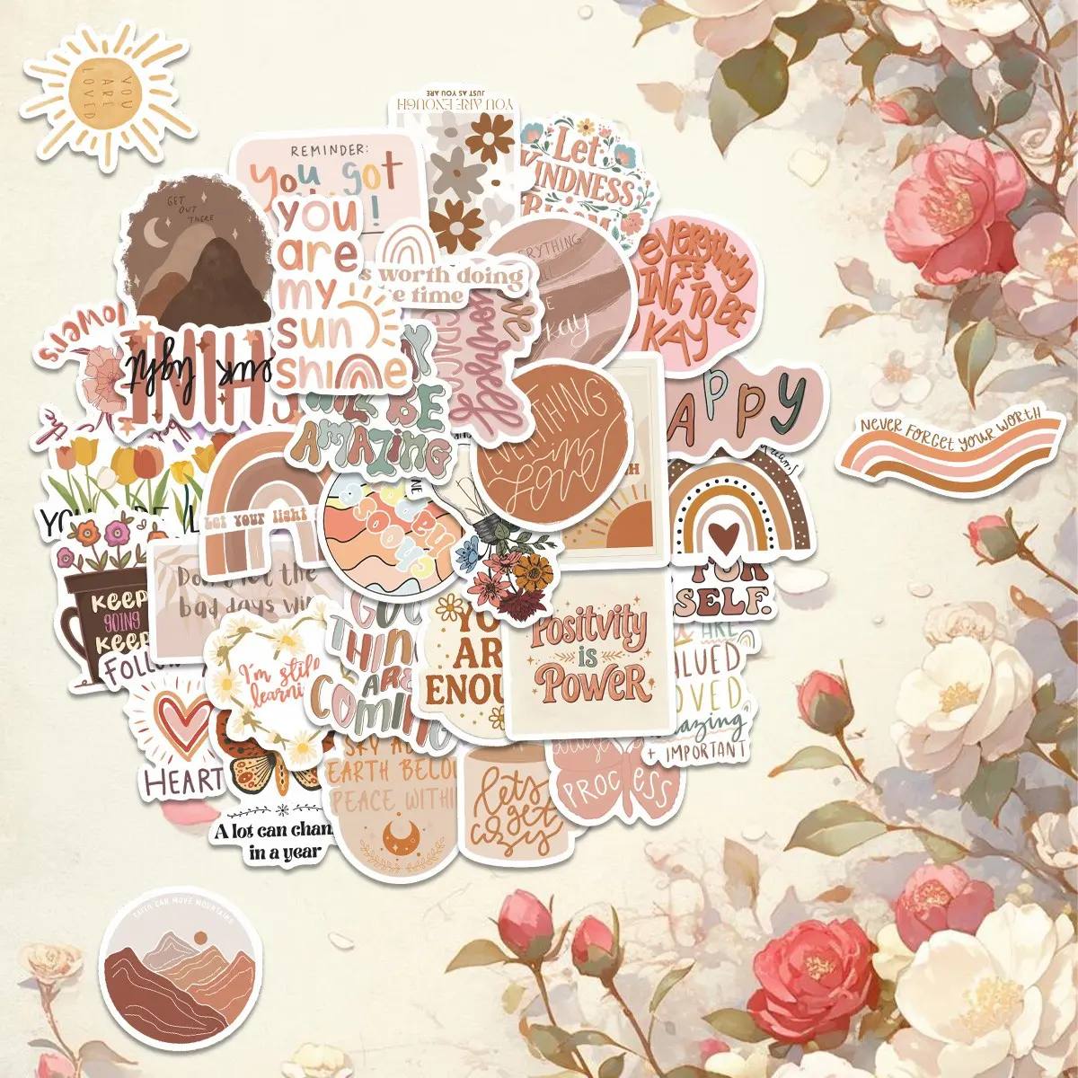 55Pcs Boho Inspirational Quote Stickers Pack, Adhesive Stickers, Waterproof Vintage Positive Affirmation & Pastel Boho Vinyl Decals for Laptop, Water Bottle, Journal & Scrapbook, Self-Care Gift