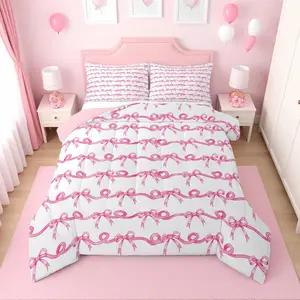 Pink and White Bow Comforter Set for Girls | Pink Ribbon Bows Striped Bedding Set,for Kids,Coquette Bow Knot Bed Set,Cute Preppy Bowtie Room Decor