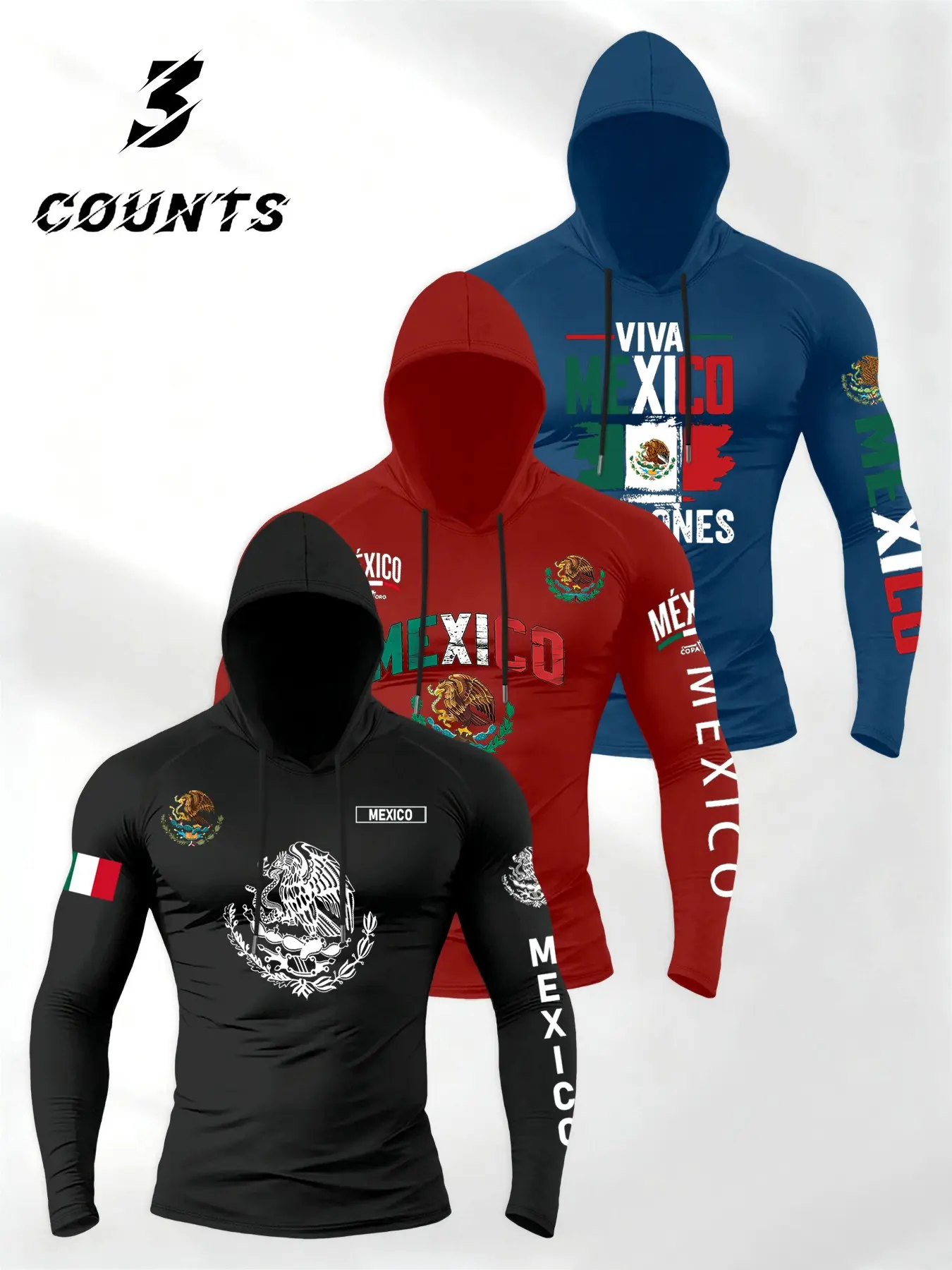 Men's Street Style Mexican Print Hooded Long Sleeve T-Shirt Set, Casual Fitted Design for All Seasons, Versatile Outdoor Wear, Streetwear