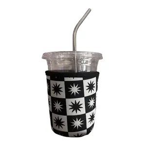 Jollie Ollie Checkered Star Drink Sleeve 2 Sizes Small & Large for Iced Beverages Keep Cold Condensation Free Chic Black White Design
