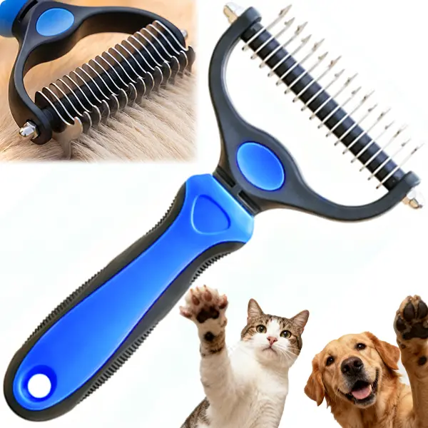 Pet Grooming Brush, Dual-Sided Undercoat Rake, Stainless Steel Teeth, Reduces Shedding and Knots, Gentle for Long-Haired Pets, Deshedding Tool
