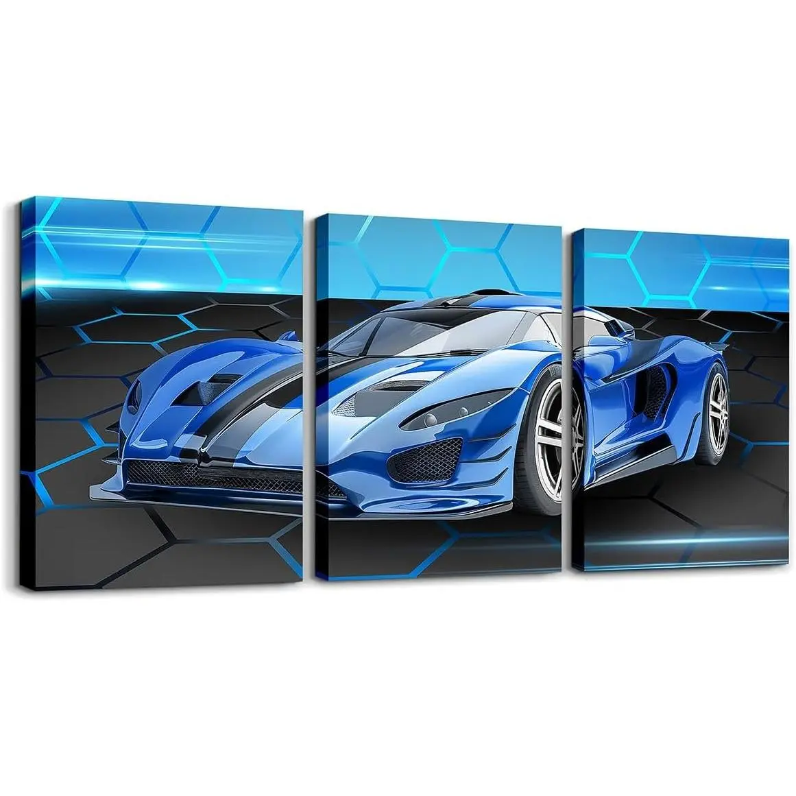 Feelyou 3-Piece 12"x16" Retro Blue Race Car Wood Framed Canvas Art Print - Hanger-Included Farmhouse Flower Frames, Artistic Room Decor, Office Accent, Thanksgiving Gift, Decor Inspo Home Supplies, Eco-Friendly