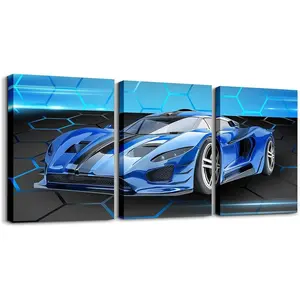 Feelyou 12"x16" 3-Piece Blue Race Car Framed Canvas Wall Art - Hanger-Included Decorative Print, Extreme Sports Office Room Decor, Halloween Gift Wall Painting