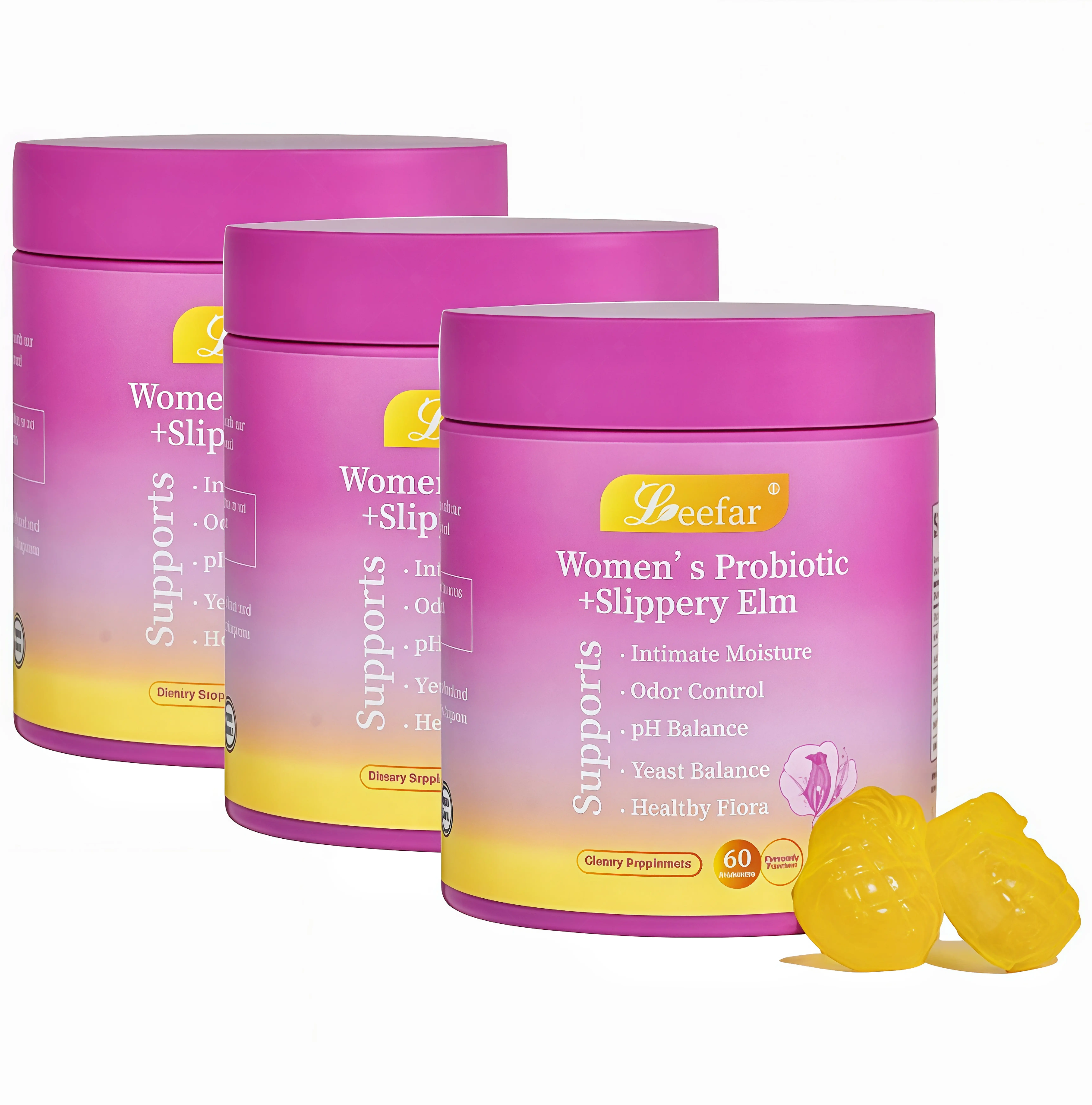 3 Botte LEEFAR Her Probiotics Gummies VZ - All in One Solution with Slippery Elm and Prebiotics & Lactobacillus Probiotic Blend for Women's pH Balance and Dryness Hawaiian Pineapple Gummies Dietary Supplement
