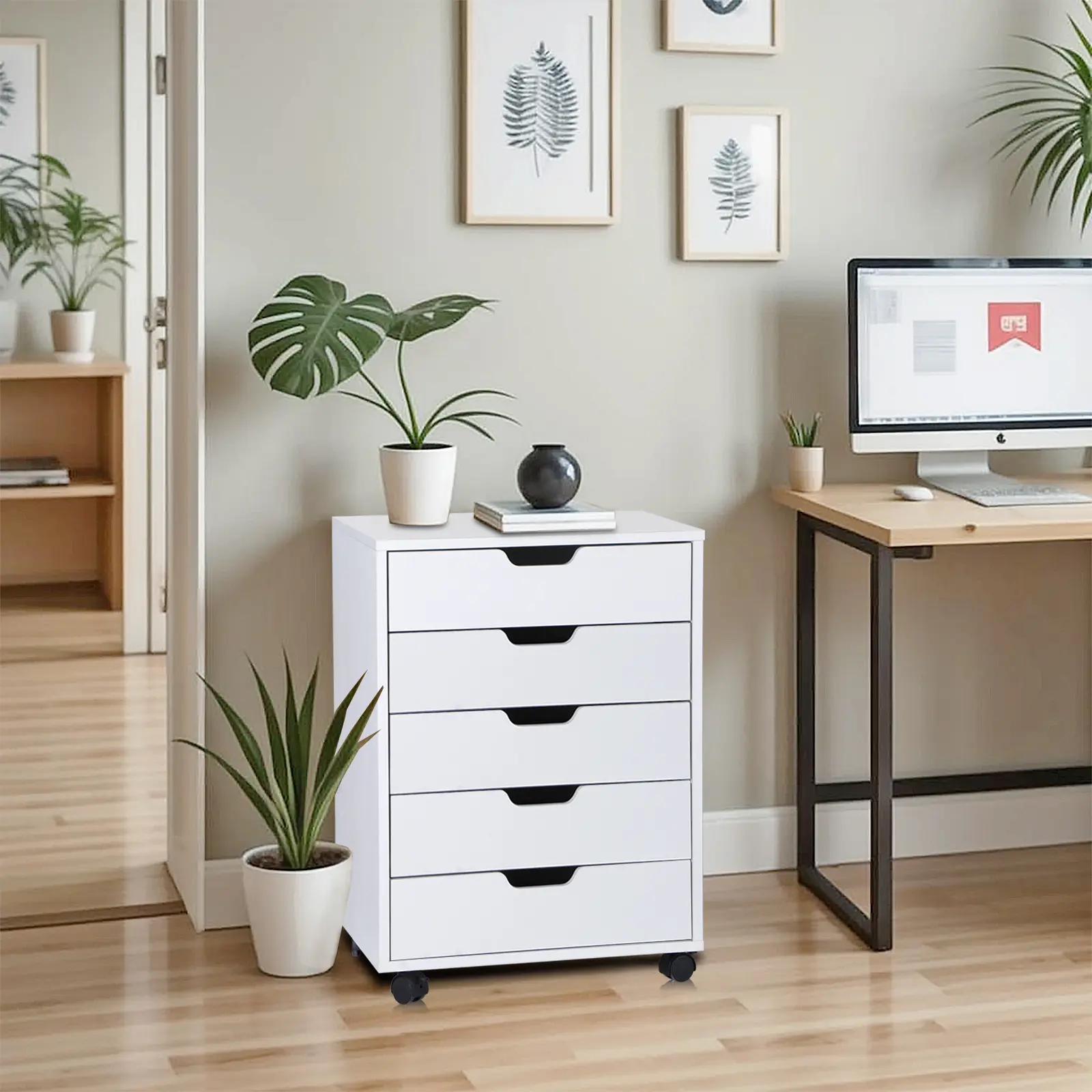 Zeny White Modern Bedroom 5-Drawer Dresser - Accent Storage Cabinet, Closet Organization Unit with Smooth Gliding Drawers, Lock, Casters, MDF Construction, 18.9x15.7x26.3in, 55 lbs Max Capacity