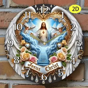 A silent wooden wall clock of Jesus Christ, circular in shape, with floral designs, spiritual and religious decorations, flat crown-shaped, requires 1 AA battery (not included).