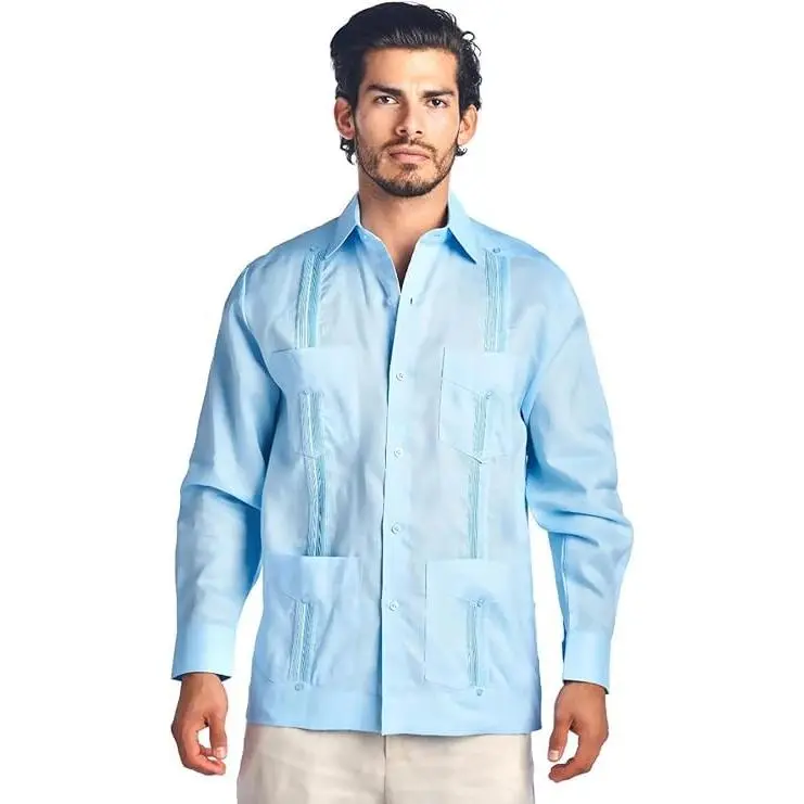 Mojito Collection Men's Classic Cut Guayabera Shirt in a Lightweight, Breathable Poly-Cotton Fabric, Casual Longsleeves, Button, Cold Wash, Collared Neck, Polyester, Menswear, Long Sleeves, Top, Tops, Everyday Use