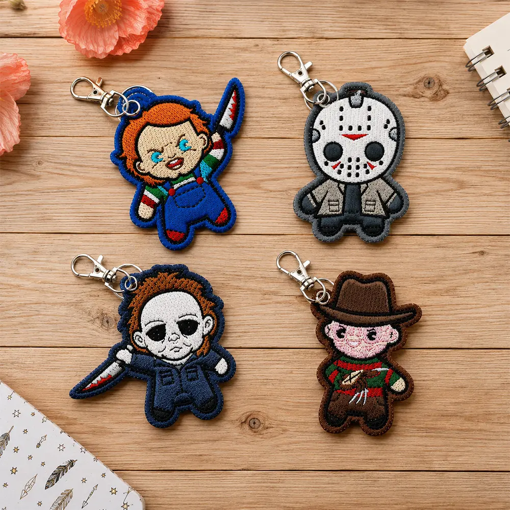 Horror Movies Character Halloween Embroidered Patch Keychain, 8x2 inches Chucky Jason Voorhees Michael Myers Freddy Krueger Halloween Keychain Gift