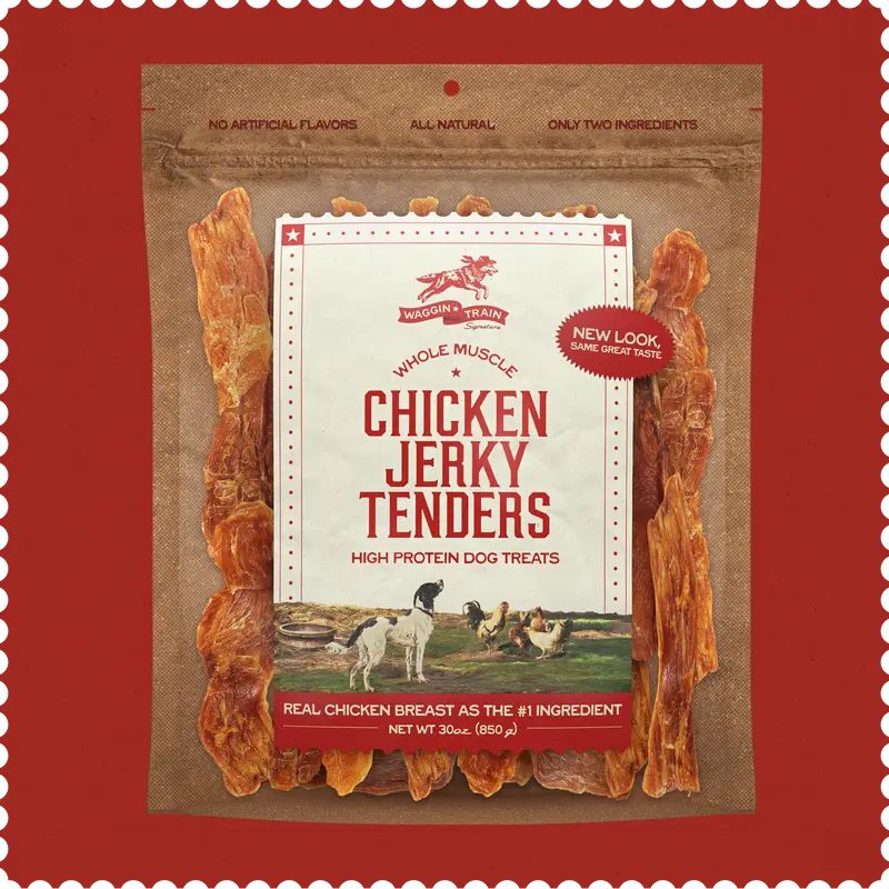 Waggin' Train Chicken Jerky Tender Dog Treats - 30 oz. Pouch, 60% High Protein, Limited Ingredient, Grain-Free, Corn-Free, 100% Real Chicken Breast, Chewy & Digestible, Dehydrated, Adult Dog Snacks