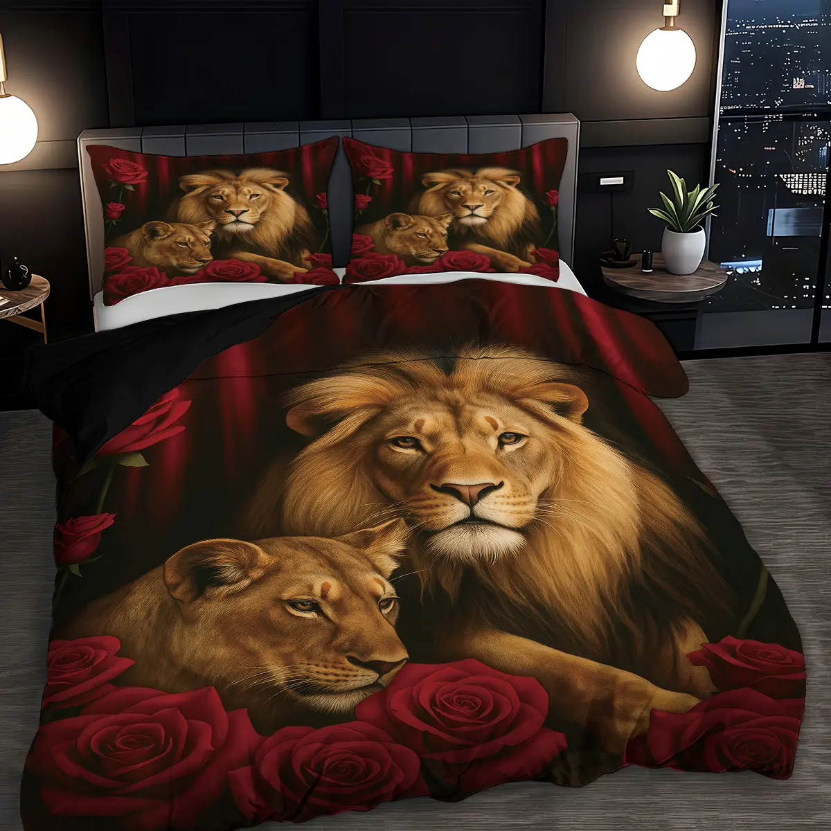 3-Piece Bedding Set (quilt Cover + 2 Pillowcases), Lion & Rose Print, Soft Comfortable, Zipper Closure, Queen/king Size