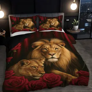 3-Piece Bedding Set (quilt Cover + 2 Pillowcases), Lion & Rose Print, Soft Comfortable, Zipper Closure, Queen/king Size