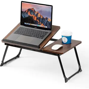 Adjustable foldable laptop desk for bed/sofa with cup holder, portable breakfast serving tray lap desk stand for working, reading, writing, eating, gaming in bed, sofa, floor (Dark Walnut)