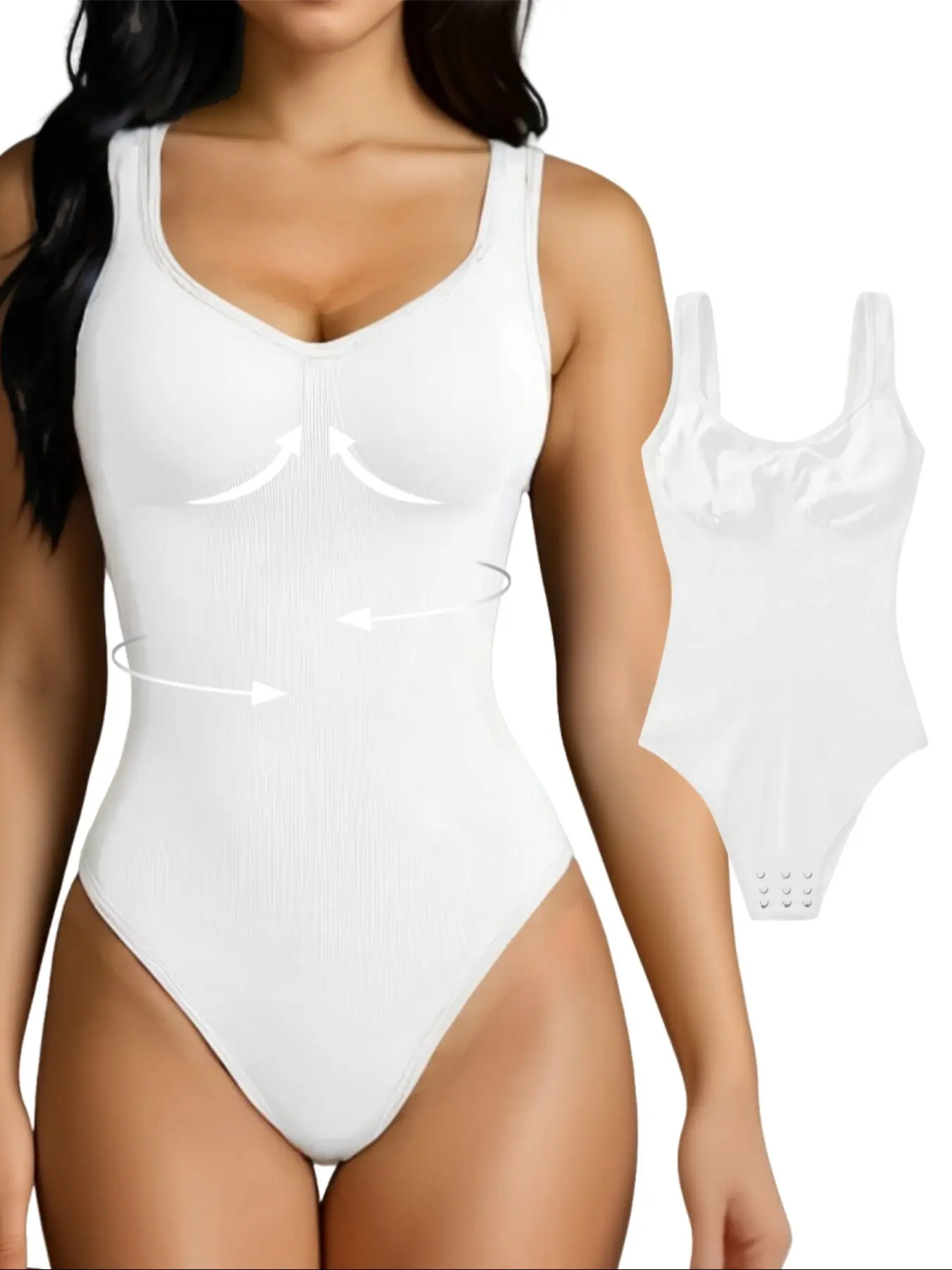 Women's Ribbed Stretchy Abdomen Control Compression Shapewear, Body Shaping Underwear, Openable Crotch, Wide Strap Sleeveless Seamless Round Neck Bodysuit, Soft Elastic Fabric, Daily Wear & Special Occasions, Smooth