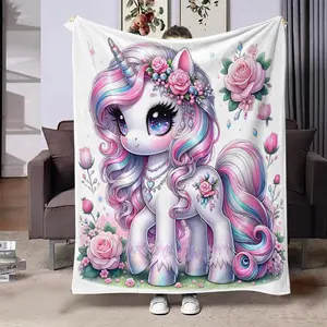 Floral Unicorn Pattern Flannel Blanket, Soft Comfortable Throw Blanket, Air Conditioner Blanket for Home Bedroom Living Room Sofa