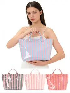 Striped Waterproof Magnetic Closure Shoulder Bag, Lightweight Large Capacity Tote for Travel & Commute, Stylish Cosmetic Organizer, Pastel Tote Bag, Casual Shopping Bag