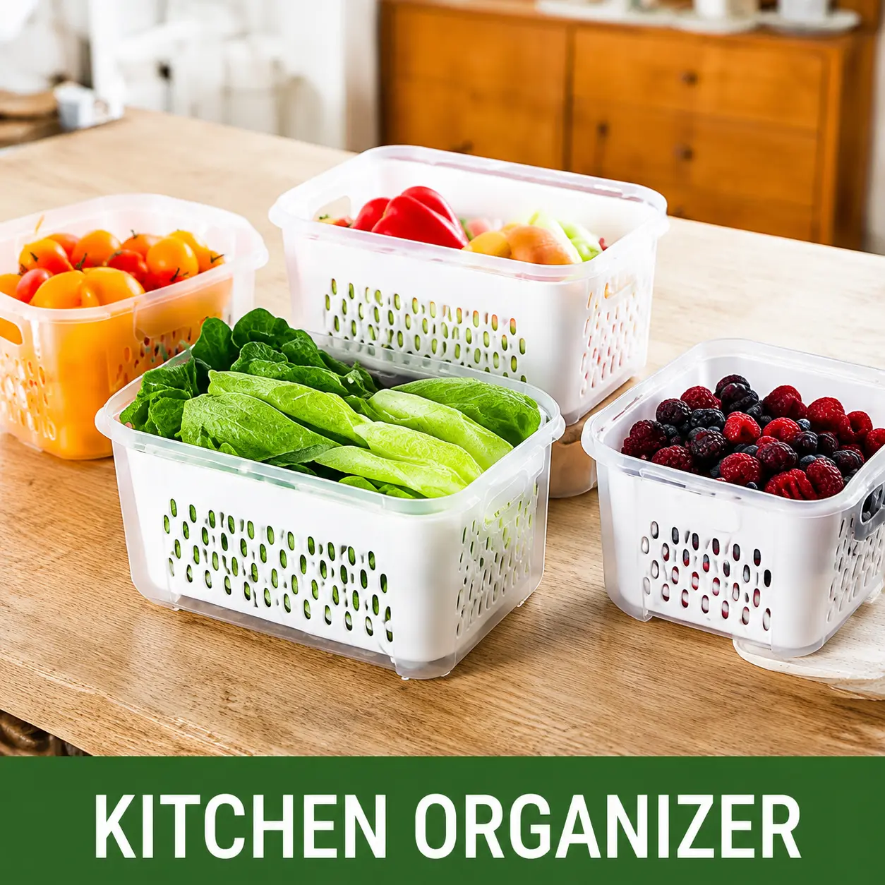 3-Piece BPA-Free Fridge Fruit & Vegetable Storage Boxes with Draining Baskets - Interlocking Stackable Lidded Bins, 3-piece set with space-saving features, efficient kitchen storage solution for everyday use, versatile and practical fridge organizer
