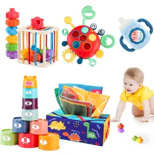 5 in 1 Baby Toys 6 to 12 to 18 Months, Montessori Toy for Babies 6-12 Months, Gifts for 1 Year Old, Sensory Toys for Babies, Baby Tissue Box, Stacking Cups, Shape Sorter Cube