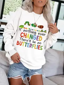 Women's Casual Fun Caterpillar Letter Print Pullover Sweater, Soft Long Sleeve Round Neck Sweatshirt, Comfortable Daily Wear