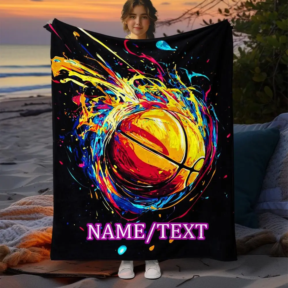 Customized Personalized 1pc Name Glowing Basketball HD Print Flannel Blanket - Lightweight Fleece Throw, 101Cm×76Cm（30X40in）)/122Cm×81Cm（32X48in）), Soft Warm Fabric for Studying, Grandparents, Sofa, Living Room, Television, Video Games